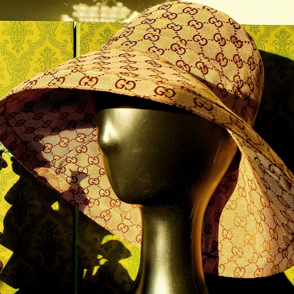 Gucci GG Monogram Bucket Hat Wide Brim Beige Tan Canvas Jacquard Sun Coverage - Picture 13 of 16